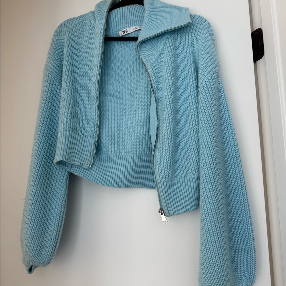 Zara Blue Ribbed Knit Cardigan